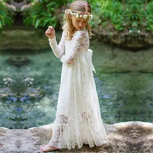 Gaun Gadis Kecil Lengan Panjang Mewah Gaun Gadis Renda Putih Gading Gaun Komuni Pertama Pedesaan Boho