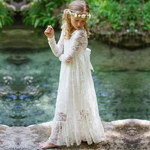 Meninas vestidos de mangas compridas Fantasia Marfim Laço Branco Vestido Da Menina Flor Boho Rústico Primeira Comunhão Vestidos