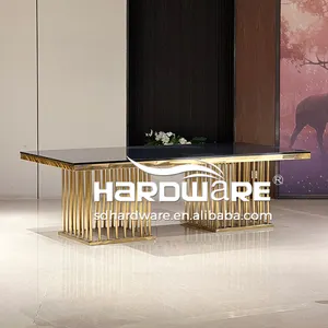 Mesa de comedor rectangular de acero inoxidable con tapa de cristal negro, patas de metal, muebles, mesa de comedor de boda