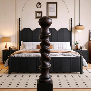 Premium <b>Black</b> Solid Wood <b>Bed</b> Frame French Vintage Wave Panel Carved Headboard Turned Post Bedroom Furniture Stable Home Wooden D - Product Image 5
