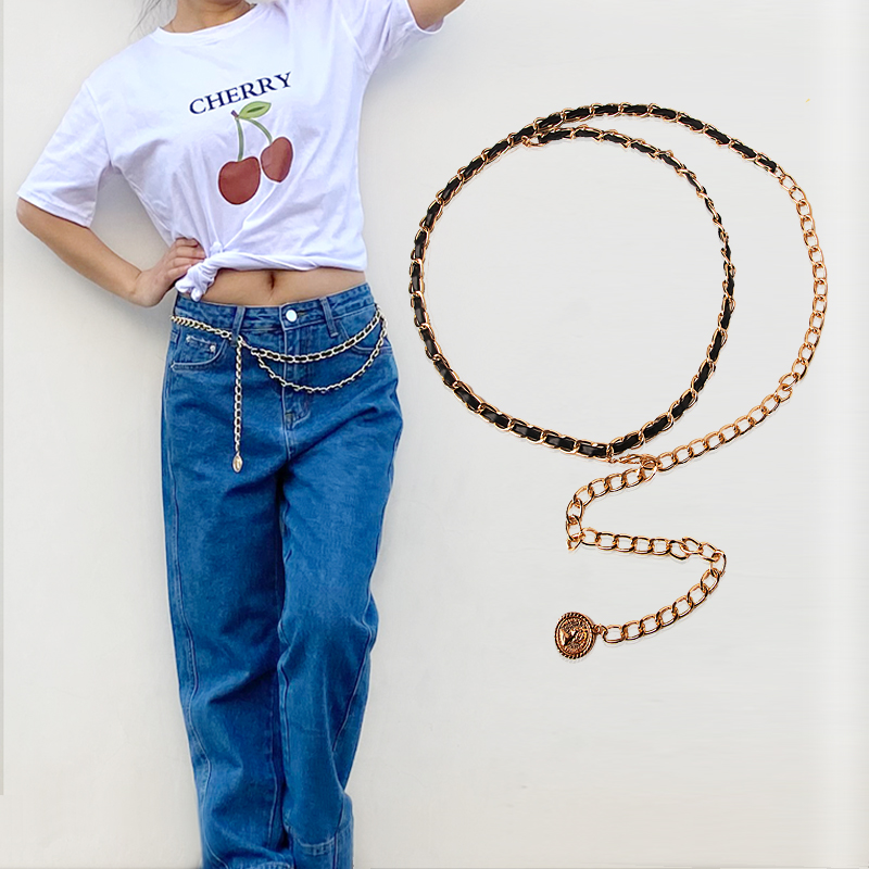 Женский дизайнерский ремень из искусственной кожи с металлической цепочкой, поясной ремень для женщин, Золотой ремень