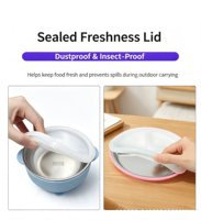 Ensemble d'ustensiles pour tout-petits en silicone et acier inoxydable : fourchette, cuillère, bavoir, bol, assiette avec couvercles, assiette à ventouse en silicone pour l'alimentation