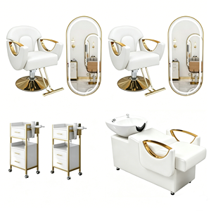 Ensemble de mobilier de salon rose : Fauteuil de coiffure hydraulique, bac à shampoing, station miroir, chariot, sièges de salon de beauté en similicuir - Product Image 2