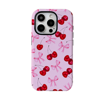 Coque de téléphone personnalisable rose motif cerise avec nœud, film de protection intégral à grandes perforations, deux-en-un pour iPhone 16 Pro Max, antichoc
