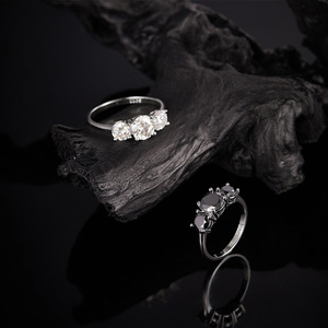 S925 Sterling <b>Silver</b> Three Stone Round Moissanite <b>Ring</b> Half <b>Band</b> Solitaire Wedding Engagement <b>Ring</b> For Women Trendy Fine Jewelry - Product Image 6