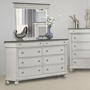 Ensemble de chambre à coucher moderne bicolore blanc - 5 pièces avec lit à panneaux rembourrés, commode, miroir, armoire et table de chevet - Product Image 2