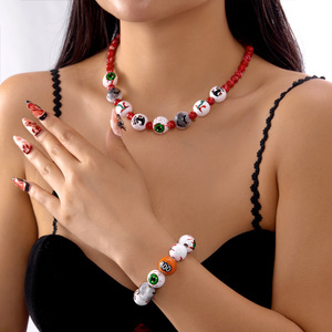 Accessori Classici di Halloween: Braccialetto con Perline in Legno Stampate con <span class=keywords><strong>Occhi</strong></span> Insanguinati, Collana con Ragno Malvagio e Pipistrello per Uomo e Donna - Product Image 1