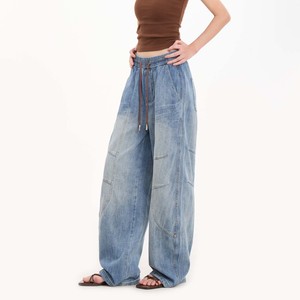 <span class=keywords><strong>Pantaloni</strong></span> Cargo Tattici da Uomo in Denim Blu Chiaro Vintage <span class=keywords><strong>con</strong></span> Vita Elastica e Coulisse Marrone, Gamba Larga e Curva, Vendita all'Ingrosso - Product Image 3