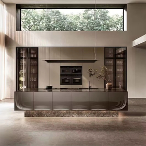 Meuble de <span class=keywords><strong>cuisine</strong></span> moderne sur mesure Sofeyia avec îlot et porte vitrée à cadre en aluminium - Product Image 1