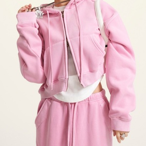 Fabricantes de Ropa Personalizada, Sudadera con Capucha Vintage Lavada Estilo Hip Hop para Mujer, Sudadera Corta con Cierre de Dos Cabezas para Mujer - Product Image 3