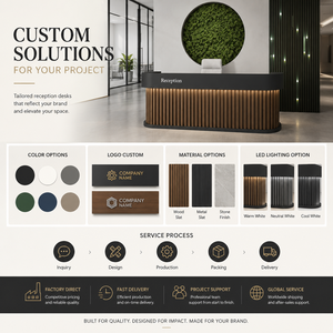 Custom Luxury Wood <b>Reception</b> <b>Desk</b> for Corporate Office Modern Adjustable Hotel Counter Boutique <b>Salon</b> <b>Desk</b> with LED Option - Product Image 6