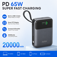 Batterie externe à charge rapide PD 65W, 20000mAh, câble USB-C intégré, écran numérique TFT, chargeur approuvé par les compagnies aériennes, vente flash