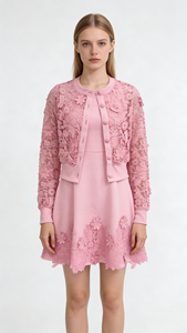 Cárdigan de Encaje Bordado de Manga Larga Color Rosa <span class=keywords><strong>y</strong></span> Elegante Vestido con Dobladillo de Encaje - Product Image 6