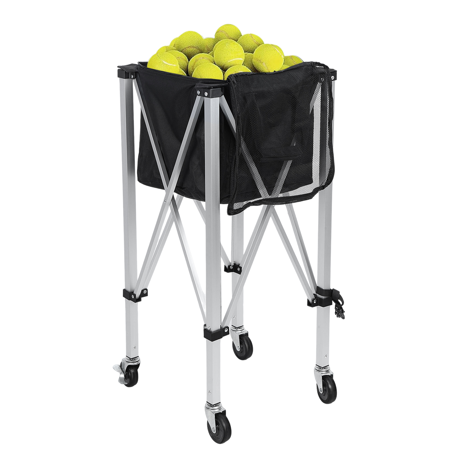 Foldable Tennis Ball Cart for Sports Teaching with Removable Bag Side Pockets Wheels and Basket