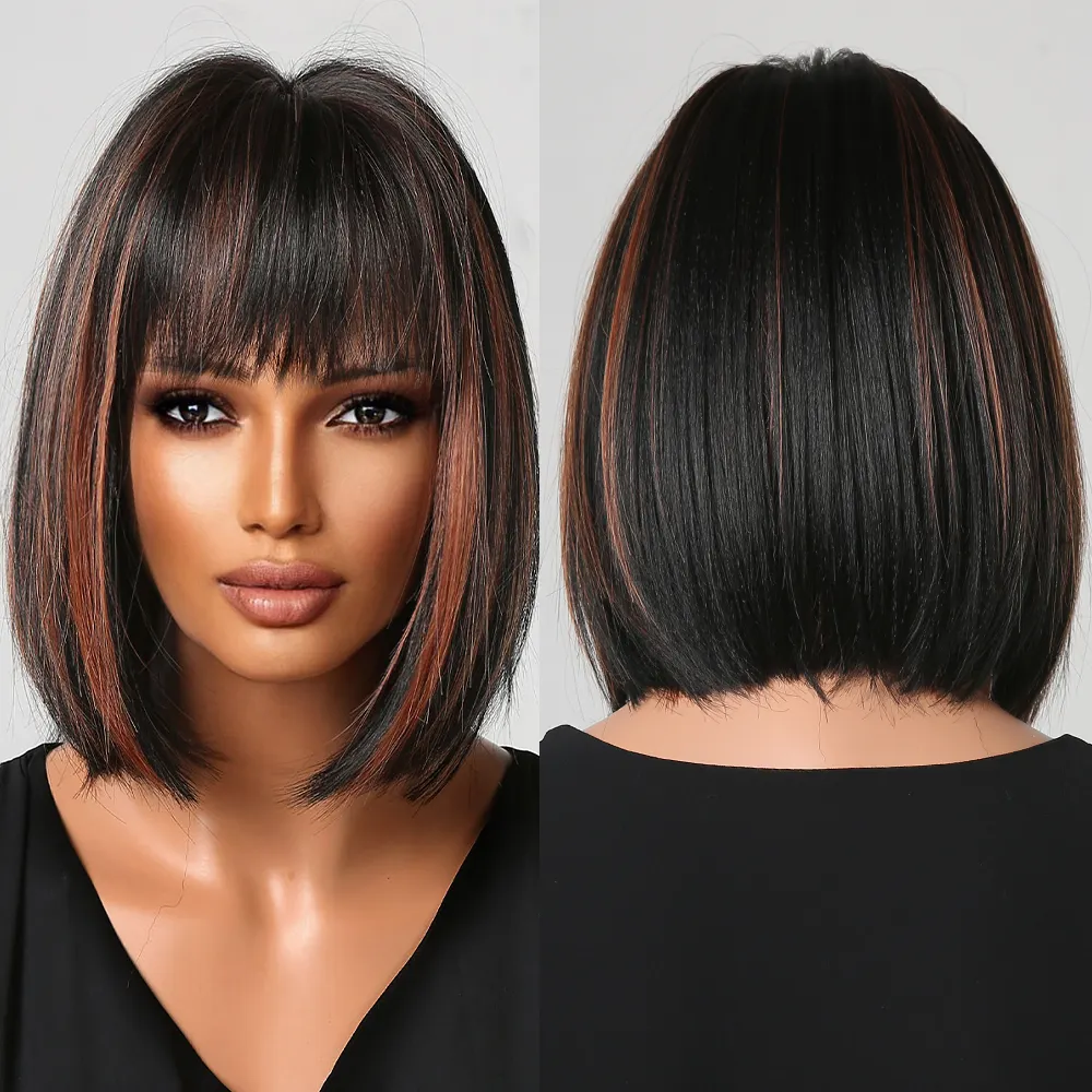 Factory Outlet Short Bob Synthetic Wigs Dark with Red Brown Natural Hair for Women Wig with Bangs Fiber