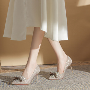 Zapatos de Novia Elegantes para Mujer, con Punta en Pico, Tacón de Aguja, Tacón Alto de 3-5 cm, Decoración de Lazo, Cristal y Diamantes de Imitación, Zapato Individual - Product Image 3