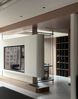 Meuble mural TV flottant blanc, avec rangement dissimulé et base en bois, appareils intégrés, peut servir de cloison