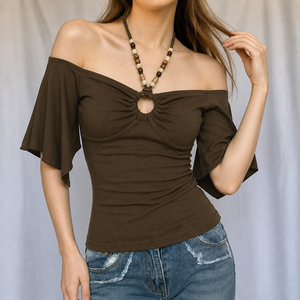 Top Halter Americano Retro Y2K con Cuentas y Aberturas, Estilo Asimétrico con Manga Murciélago para Mujer - Product Image 1