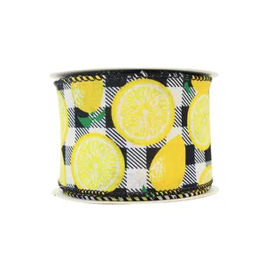 黄色柠檬有线边缘缎带黑白格子夏季缎带柠檬格纹缎带，用于花圈包裹