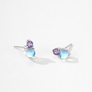 Pendientes Personalizables de Plata de Ley S925 con Circonita Púrpura y Piedra Lunar de Corte Redondo - Exclusivo para Mujer - Product Image 6