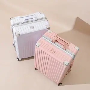 网店热卖卡其色最佳粉色化妆箱带儿童座椅铝框行李箱
