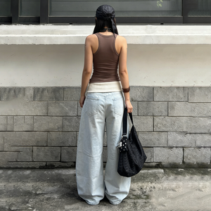 Vaqueros de pierna ancha de color azul claro con cintura tejida y dobladillo enrollado, pantalones vaqueros holgados de gran tamaño. - Product Image 3