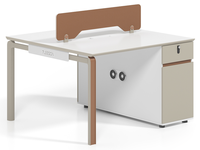 Poste de travail modulaire croisé pour 4 personnes, avec cloison bicolore, bureau pour personnel avec rangement supérieur et armoires latérales verrouillables