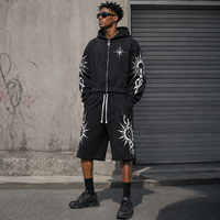 Ensemble de survêtement homme deux pièces : sweat à capuche zippé court coupe boxy et short de survêtement long 3/4, style vintage délavé à l'acide
