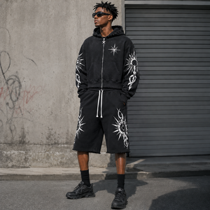 Custom Boxy Cropped Zip up <strong>Hoodie</strong> <strong>Set</strong> Vintage Distressed Acid Wash 3/4 Long Sweat <strong>Shorts</strong> <strong>Sets</strong> Two Piece <strong>Mens</strong> Tracksuit - Product Image 2