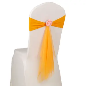 Spandex Chair Sashes Organza Gauze Chair Bows Ties Wedding Chair Sash With Flower For Banquet Party Decoration