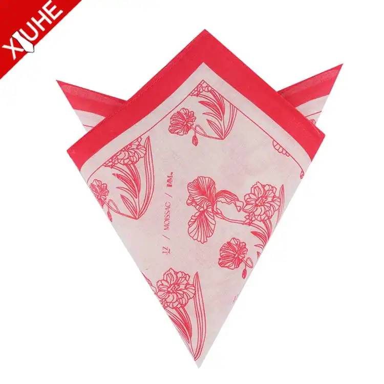 Mouchoir de poche carré à motif de fleurs pour femmes, couleur rouge, foulard carré en coton et lin imprimé numériquement