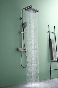 Ensemble de douche moderne carré à effet pluie, mitigeur thermostatique réglable en hauteur, laiton noir mat, pour lavabo de salle de bain, douche apparente - Product Image 4