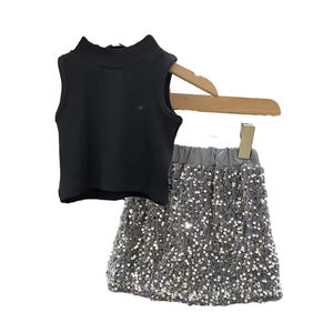 Alta calidad verano 2 uds ropa negro sin mangas lentejuelas parches falda niñas traje para chico conjunto - Product Image 2