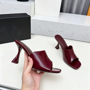 Mules et sandales à enfiler pour <span class=keywords><strong>femme</strong></span>, en <span class=keywords><strong>cuir</strong></span> verni, à bout carré et talon évasé, confortables, inspirées des créateurs, couleur rouge bordeaux, pour soirée et mariage - Product Image 1