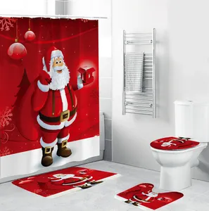 Hoge Kwaliteit Polyester Designer 3d Printing Luxe Kerst Badkamer Douchegordijn 4 Stuks Set Met Haken