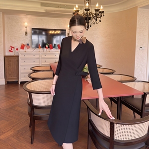 Conjunto de Traje para <span class=keywords><strong>Mujer</strong></span>, Vestido Cruzado Negro con Cuello en V, Manga 3/4, Transpirable, 100% Poliéster, Formal, Profesional, para Personal de Oficina - Product Image 3
