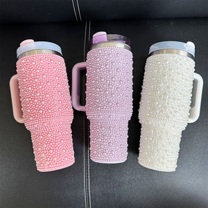 แก้วน้ำเก็บความเย็นสแตนเลสสองชั้นแบบมีฝาและหลอดดูด ประดับมุก เพชร และคริสตัล รับผลิตตามสั่งขายส่ง - Product Image 1