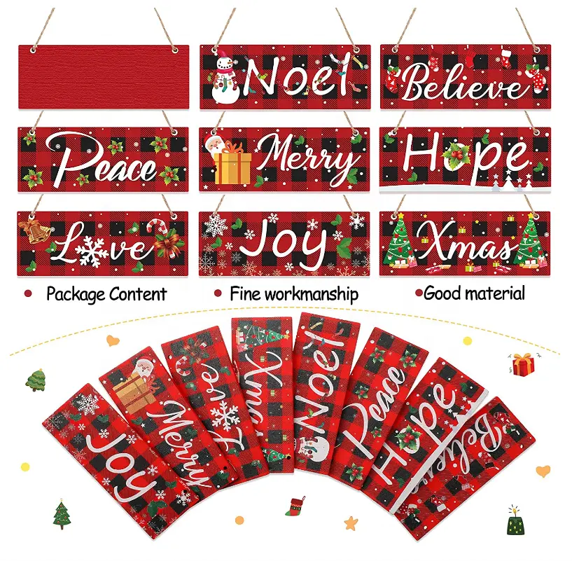 8 Pieces Christmas Wood Ornaments Red Holiday Craft Hope Peace Merry wooden Hanging Tag Rustic Wall Decor for Xmas Wood DIY