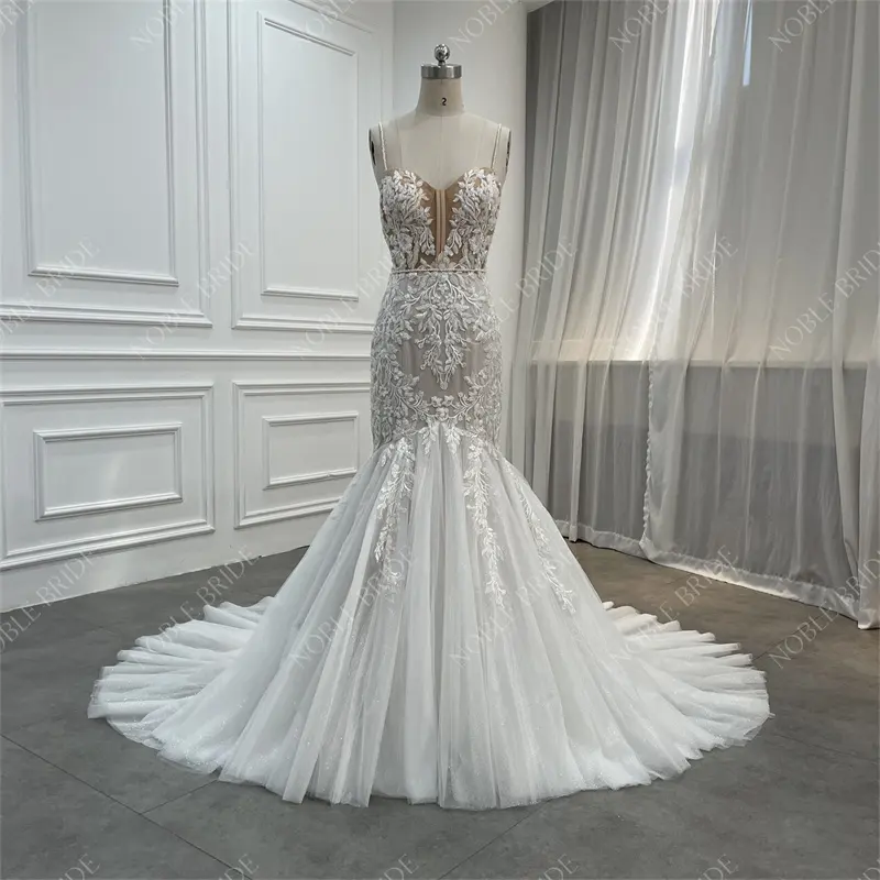 Оптовая продажа, благородное свадебное платье невесты на тонких бретельках, кружевное свадебное платье цвета шампанского с хвостом русалки