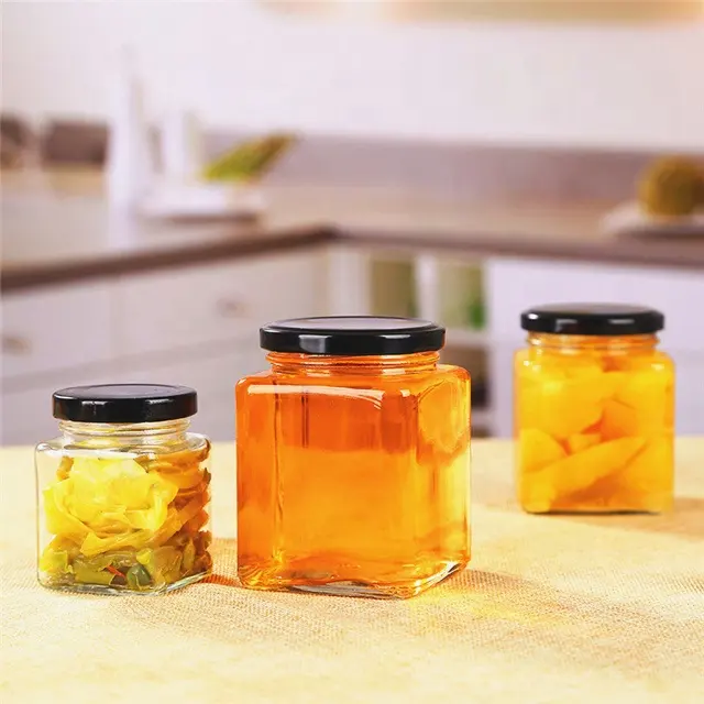 Pot de stockage en verre Transparent carré usiné avec couvercle métallique scellé noir adapté au stockage des aliments liquides de la confiture de miel