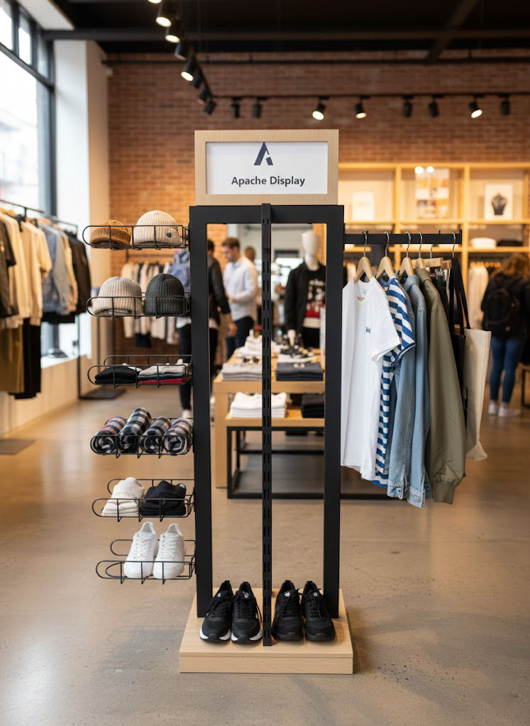 Apache Custom Wood Apparel & Accessories Display Stand for T-shirt and Hat Collections in Clothing Stores & Retail Boutiques — view 2