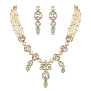 Traditional Pearl 925 Silver Kundan <b>Necklace</b> Set Gold Bridal Jewelry with Earrings Diamond Accents for Women Wedding Jewelry - Product Image 1