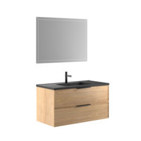 Meuble-lavabo flottant de salle de bain de luxe avec lavabo en sable de quartz noir Miroir LED Couleur noyer Armoire MFC 600mm/750mm/800mm