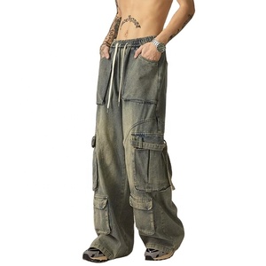 Grosir multi-saku Vintage mencuci celana <span class=keywords><strong>Jeans</strong></span> Baggy gaya biru kustom kargo lurus Denim dicuci <span class=keywords><strong>Jeans</strong></span> untuk pria