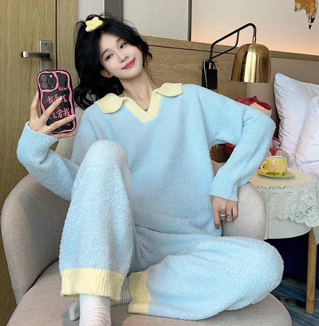 Custom Winter Sleepwear Suit Long Sleeve Warm Ladies Sleepwear Women Pajama Set