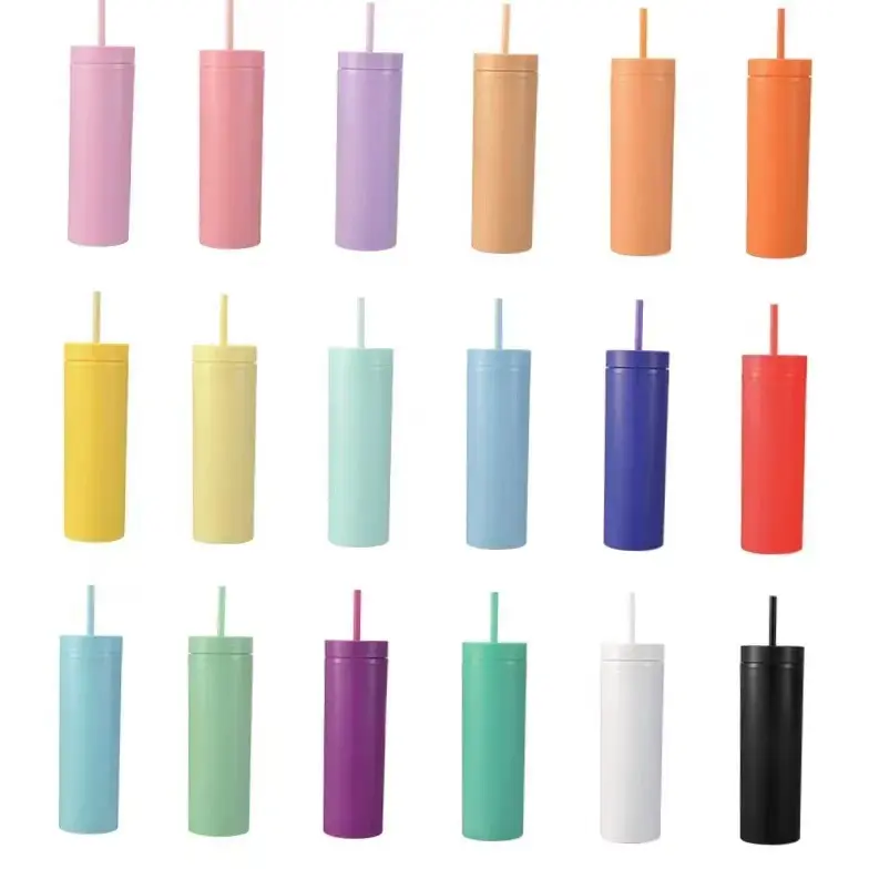 Оптовая продажа, прямые пластиковые чашки с двойными стенками, 16 унций, матовые кружки для кофе с логотипом под заказ