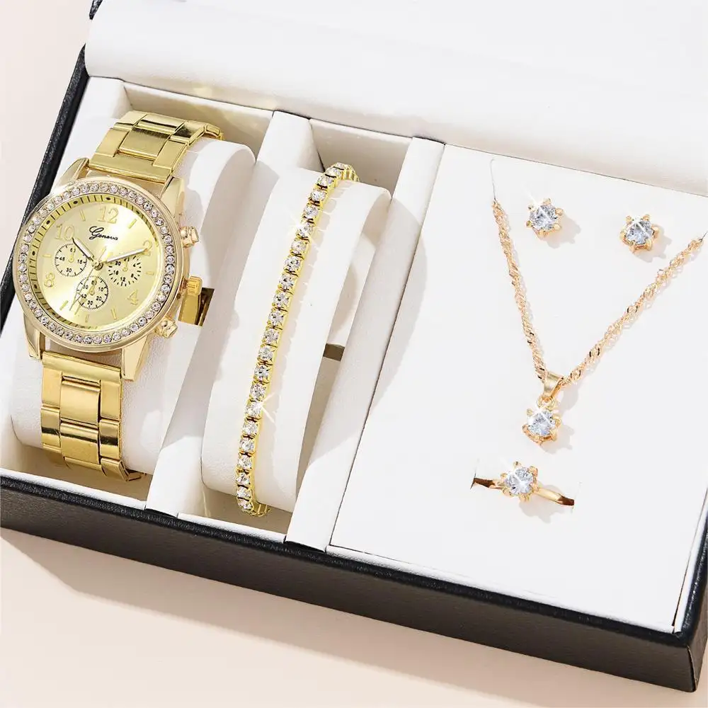 Luxus Mode Quarzuhren Damen Damen Armband Halskette Ring Ohrring Set Frau Armbanduhren Armbanduhr Schmuck Sets