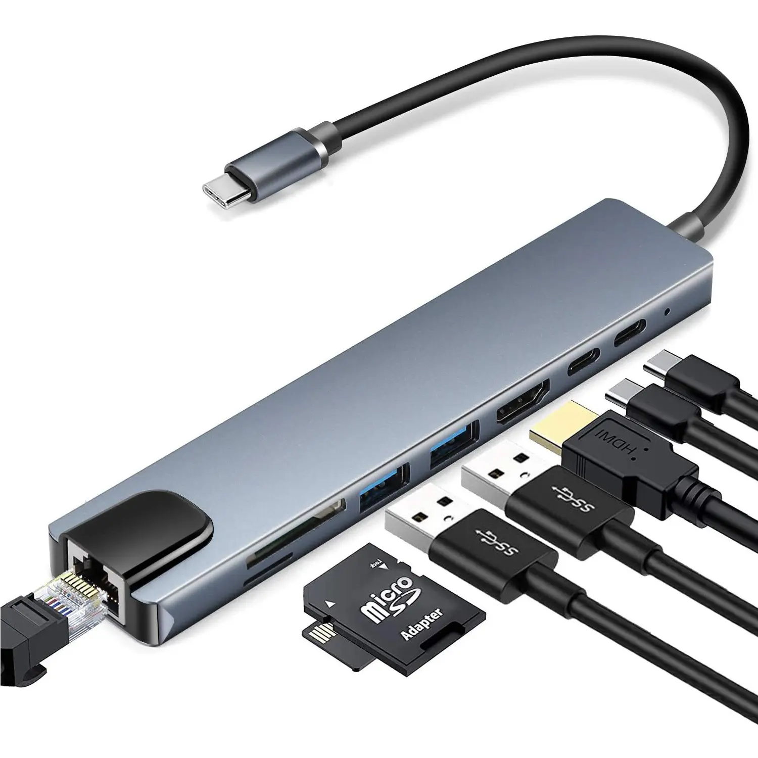 Type-C Eight-in-One Multi-Function USB Hub 100 Megabit Port Expansion Dock to HDMI Multi-Port Device