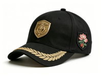 Casquette de baseball unisexe réglable à 6 panneaux, 100 % polyester sergé, boucle argentée cuivrée, visière incurvée, visière plate, emblème floral doré