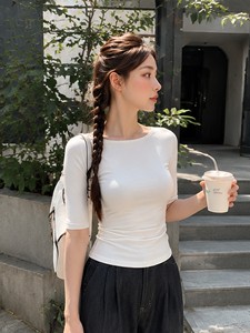 T-shirt casual estiva da donna con logo personalizzato DX6061, <span class=keywords><strong>monospalla</strong></span>, girocollo, manica corta, in cotone ed elastan, vestibilità slim, traspirante. - Product Image 3